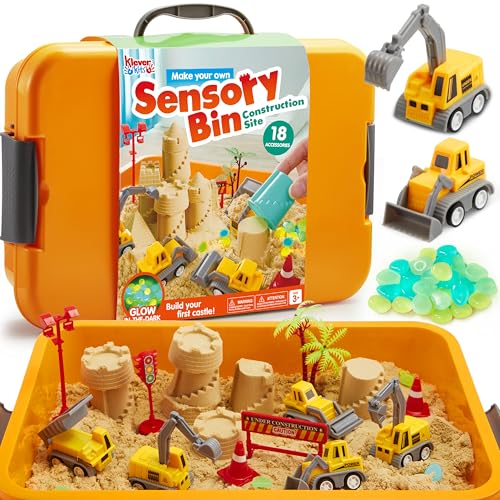 Klever Kits Construction Sensory Bin for Toddlers with Glow in The Dark Stones, Sandbox with Lid Castle Building kit, Preschool Learning Activities Gifts for Boys Girls Age 3+