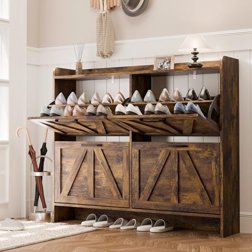 MU Shoe Storage Cabinet with 4 Flip Drawers, Freestanding Shoe Cabinet, Shoe Organizer with Wood Legs for Entryway, Slim Shoe Cabinet, Rustic