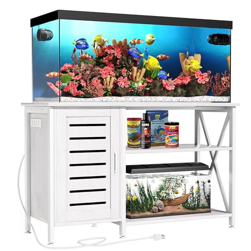 Herture 55-75 Gallon Fish Tank Stand, Aquarium Stand with Power Outlets and Cabinet for Fish Tank Accessories Storage, Heavy Duty Metal Frame, 52" L*19.68" W Tabletop, 1200LBS Capacity, White PG05YGW