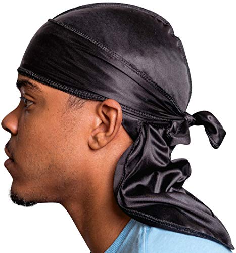 Veeta Superior Silk Durag - Smooth Silk Durag for Men & Women, Long Double Wide Straps, Outside Seam Triple Stitch Du Rag (Black)