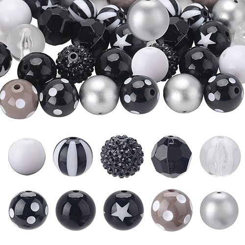 SUNNYCLUE 50Pcs 10 Styles Black Halloween Beads Set Bubblegum Beads Bulk Acrylic 20mm Large White Jumbo Plastic Holiday Round Loose Spacers for Jewelry Making Findings DIY Craft