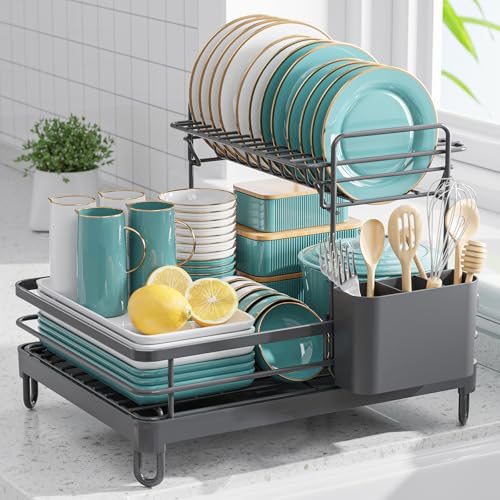 Sakugi Dish Drying Rack - X-Large Stainless Steel Dish Rack for Kitchen Counter, 2-Tier Kitchen Organizers and Storage for Dishes, Bowls, Cutlery, Gray