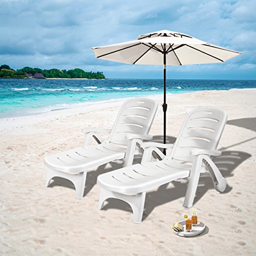 Moccha Plastic Chaise Lounge Chair - Folding Pool Lounger w/ 2 Rolling Wheels, Armrest, 5-Adjustable Position, Foldable Outdoor Lounger for Garden Sunbathing Beach Chairs for Adults (2, White)