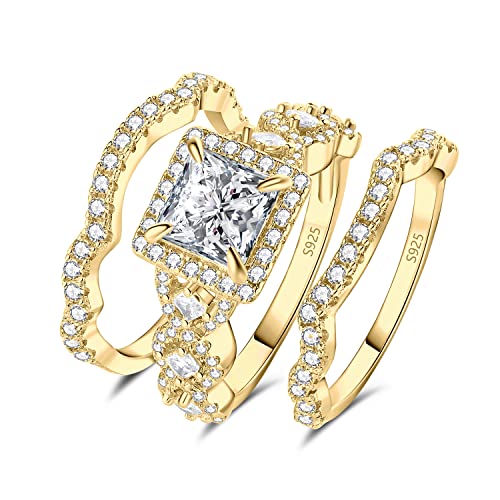 JewelryPalace Princess Cut 1.5ct Cubic Zirconia Engagement Rings for Women, 925 Sterling Silver 14k Yellow Gold Promise Ring, Infinitiy Twist Simulated Diamond Wedding Band Bridal Sets 6