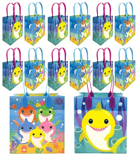 TINYMILLS Shark Family Party Favor Treat Bags with Handles, Shark Candy Bags for Birthday Party, Party Supply Decorations Toddler Party Goody Bags Pack of 12