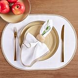 Solino Home Linen Placemats 14 x 19 Inch - 100% Pure Linen Natural and White Oval Cloth Placemats Set of 4 - Washable Fabric Place Mats for Dining Table - Chloe