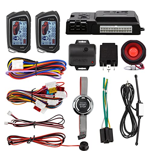 EASYGUARD EC207-M9-SR 2 Way Car Alarm Security Kit with LCD Pager Display Push Start Button Remote Engine Timer Engine Start with Siren DC12V