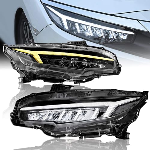 Archaic Headlights for 10th Gen Honda Civic 2016-2022, LED Head Lamp with Sequential Turn Signal for Civic Sedan/Coupe/Hatchback, Headlight Assemblies for EX/LX/Sport/Touring/Si/Type R, Pair