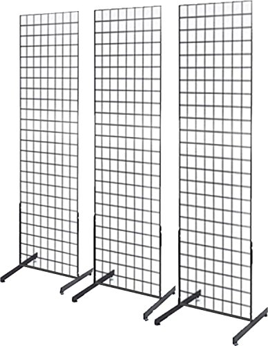 Only Hangers 2' x 6' Grid Wall Panel Floorstanding Display Fixture with Deluxe T-Style Base, Black or White. Three-Pack Combo. (BLACK)