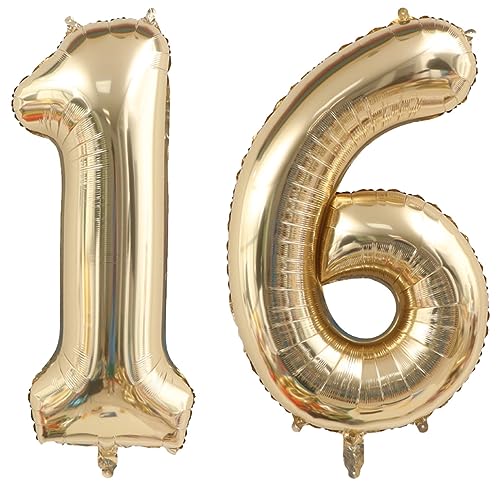 40 Inch Light Gold 16 Number Balloons White Gold Giant 16 Foil Mylar Helium Large Digital Balloon Champagne Gold Birthday Numbers Jumbo Balloons 16th or 61st Anniversary Party Decorations Supplies