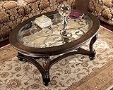 Signature Design by Ashley Norcastle Vintage Oval Coffee Table with Beveled Glass Top & Scrollwork Legs, Dark Brown