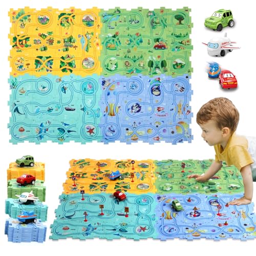 Ubegger Puzzle Racer Kids Car Track Set Puzzle Racer Car Track Set with Roadmap Puzzle Track Car Play Set Toy for Kids 3-8 Years Old(100Pcs, 4 Stytle)