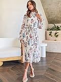 ANRABESS Women's Floral Midi Dress Puff Long Sleeve Casual Ruffle Chiffon A-Line Swing Pleated Belted Tea Party Dresses Floral White Medium