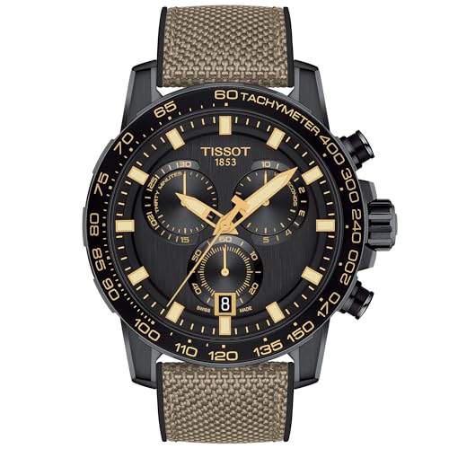 Tissot Mens Supersport Chrono 316L Stainless Steel case with Black PVD Coating Swiss Quartz Watch, Black, Beige, Textile, 22 (T1256173705101)