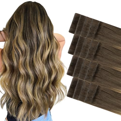 GOO GOO Invisi Edge Tape in Hair Extensions Human Hair, 4/27/4 Balayage Chocolate Brown to Caramel Blonde 20pcs 18inch 50g, Virgin Remy Hair, Seamless Injected Tape, Natural Look