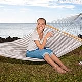 SUNCREAT Hammocks 14 FT Quick Dry Hammock Double Size with Spreader Bar, 2 Person Hammock for Outdoor Patio Yard Poolside, 450 lbs Capacity, Light Gray Stripes