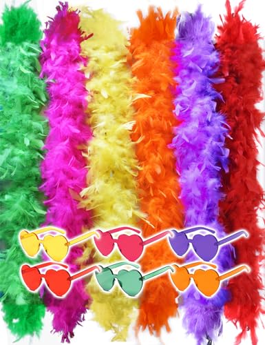 JICASTO Colorful Feather Boas 6 Packs, 6.6ft Turkey Feather Boa for Women for Dancing Wedding Party Halloween,with Heart Sunglasses (6 Colors)