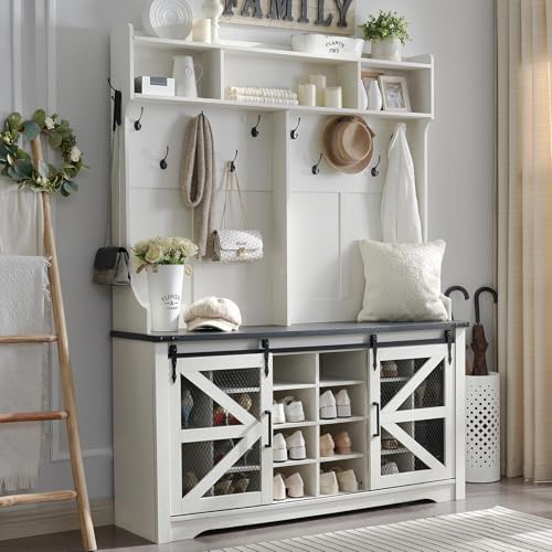 JXQTLINGMU 59" Farmhouse Hall Tree with Shoe Storage, Entryway Bench with 20 Cubbies, 12 Hooks & Sliding Barn Doors, Mudroom Coat Rack Cabinet, Off White