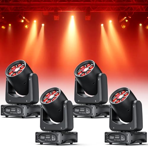 4-Pack 150W LED Moving Head DJ Lights, 8 Gobos, 8 Colors, 3 Prisms & Bee Eye Effect, 90W Main + 6×10W Strobe, 4-in-1 Sound-Activated DMX512 15CH Stage Lighting for Party/Club/Wedding/Disco
