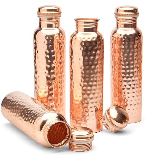 Advanced Mixology Glytterati Hammered Copper Water Bottle (34 oz/1000ml) (Set of 4) | Pure Copper Bottle for Drinking Water