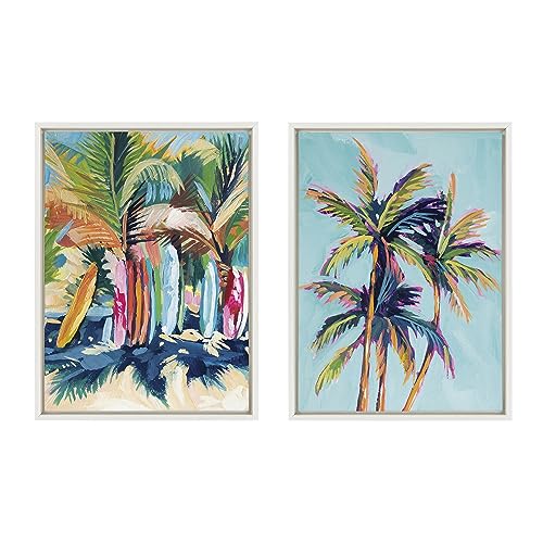 Kate and Laurel Sylvie Surf and Sand and Tropical Palms Study Framed Canvas Wall Art Set by Rachel Christopoulos, 2 Piece 18x24 White, Coastal Beach Palm Tree Art for Wall