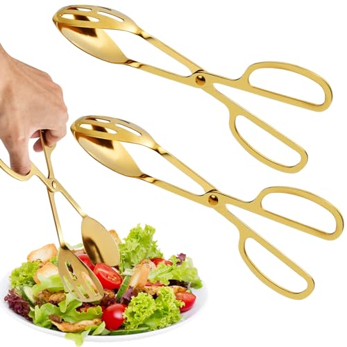 Akamino 2 Pack Gold Salad Tongs,10 Inch Stainless Steel Kitchen Tongs for Serving Food, Kitchen Scissor Tongs for Cooking Buffet Catering Bread Pastry Dessert BBQ