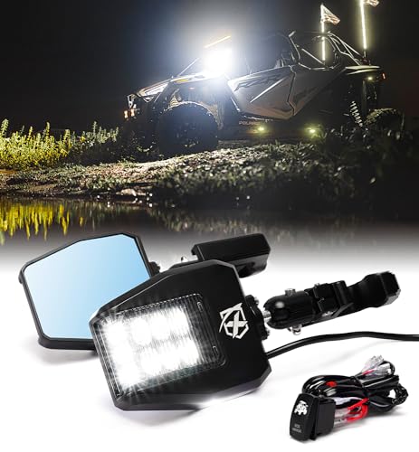 Xprite UTV LED Side Rear View Mirrors Light Aluminum w/Puddle Lights, Fits 1.75"-2 Inch Roll Cage Bar for Polaris RZR Pioneer, SXS, Can-Am X3, Kawasaki Teryx Mule, Yamaha Rhino Wolverine