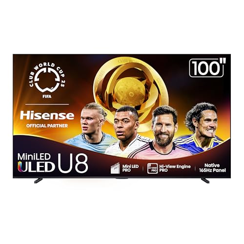 Hisense 100" Class U8 Mini-LED ULED 4K UHD Google Smart TV (100U8QG, 2025 Model) - QLED, Native 165Hz, VRR 288, Up to 5000 Nits, HDR10+, Dolby Vision IQ · Atmos, IMAX Enhanced, 4.1.2 Ch Surround