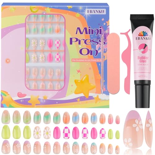 78 Pieces Press on Nails for Kids, EBANKU 3 Pack Kid Fake Nail Kit Old Colorful Flower Press on Nails for girls 8-12 Years with Jelly Nail Adhesives & Nail Builder Glue