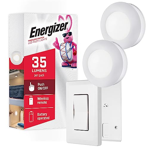 Energizer LED Puck Lights, Wall Switch Remote, 2 Pack, Battery Operated, Under Cabinet Lighting, Wireless Lights, 50 ft Range, Perfect for Kitchen Under Cabinet, Laundry Room, and More, 58822-T1