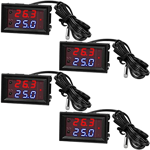 DC 12V Electronic Temperature Controller Programmable -50 to 110 Degree Celsius Heating/ Cooling Thermostat Control Switch Module NTC Waterproof Sensor Probe Dual Color LED Display Monitor (4 Pieces)