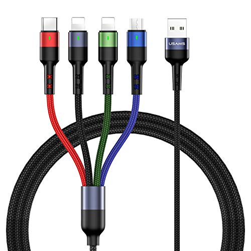 2Pack Multi Charging Cable USAMS Multiple Charger Cord Nylon Braided Short 10FT 4 in 1 USB Charge Cord with Phone/Type C/Micro USB Connector for Phone/Galaxy S20/S10S9/S8/S7 and More