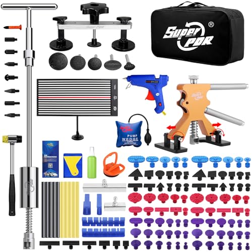 Super PDR Paintless Dent Repair Kit 148PCS Dent Puller Kit with LED Light Board Can Removal 99% of Car Dents in 30 Minutes for Repair Work of Big Dents, Small Dents, Door Ding, Creases and Hail Damage