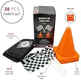 4E's Novelty 38 Pieces Set - 12 Traffic Cones With Hole on Top, 24 Checkered Flags, Racetrack Floor Runner - for For Race Car Birthday Party Supplies, Table Centerpiece Decorations Kids Gift