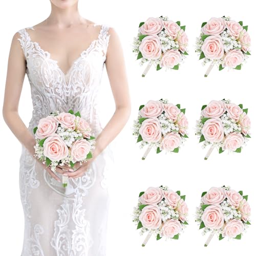 Artificial Bridesmaid Bouquets Set of 6 - 7 Inch Bridesmaid Flower Bouquet Peach Pink Rose Babys Beath Small Floral Bouquet for Wedding Holding Flowers,Bridal Shower Wedding Ceremony Anniversary