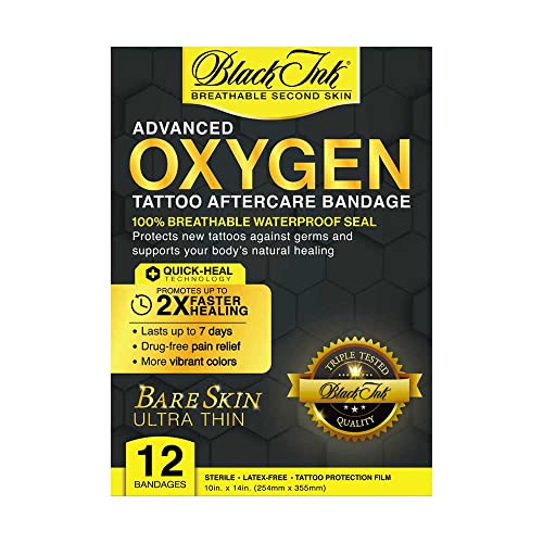 BLACK INK Oxygen Breathable Second Skin Tattoo Aftercare Bandage • 2X FASTER HEALING • LATEX-FREE Tattoo Care Derm Shield Tattoo Wrap • Waterproof Tattoo Protection Film (12-pcs 10x14 Tattoo Bandages)