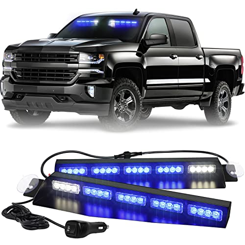 XRIDONSEN Blue Emergency Visor Lights Bar Interior Windshield Strobe Lights 40 LED Warning Safety Flashing w/White Take Down Deck Split Mount for firefighter Police Vehicles Trucks (2x17 inch)