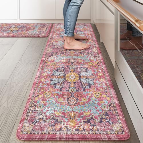 KIMODE Anti Fatigue Kitchen Mat, Cushioned Boho Kitchen Rugs Sets of 2, Non Slip Farmhouse Kitchen Mat for Floor, Waterproof Standing Desk Mat for Laundry, Office, Sink Fuchsia/Multi 17"x59"+17"x29"