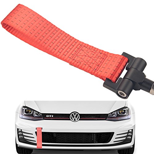 Dewhel Track Racing Style Tow Hook w/Red Towing Strap Front Rear Bumper Screw on For Volkswagen MK7 VII Golf GTi 2015-Up