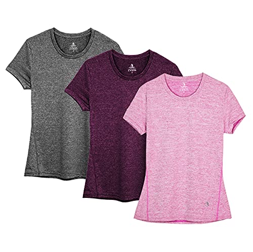 icyzone Workout Running Tshirts for Women - Fitness Athletic Yoga Tops Exercise Gym Shirts (Pack of 3) (S, Charcoal/Red Bud/Pink)
