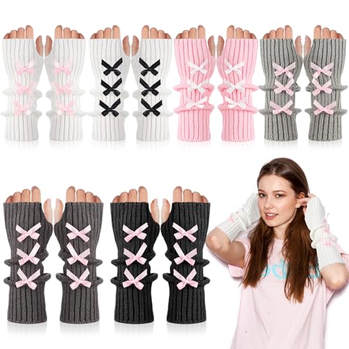 Berlune 6 Pairs Arm Kawaii Warmers Sleeves Cute Y2k Harajuku Japanese Style for Women Girls Lolita Costume School, 6 Colors (Light Color,Ribbon)