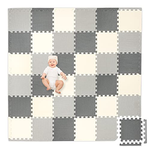 Play Platoon Non-Toxic Foam Puzzle Floor Mat, Comfortable, Extra Thick, Cushiony Play Mat for Toddlers, Kids & Adults, 36 Tiles (12"x12"), Square, Grey/Cream/Charcoal