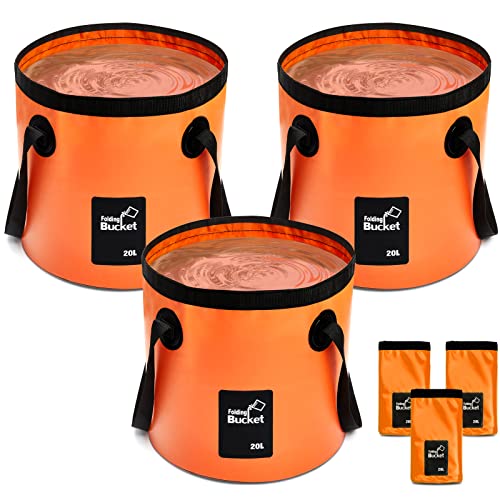 3 Pcs 5 Gallon Bucket Collapsible Foldable Bucket with Handle for Camping Fishing Hiking to Hold Water Folding Container Carry Bag Multiple Use Portable Fold up Lightweight(Orange)