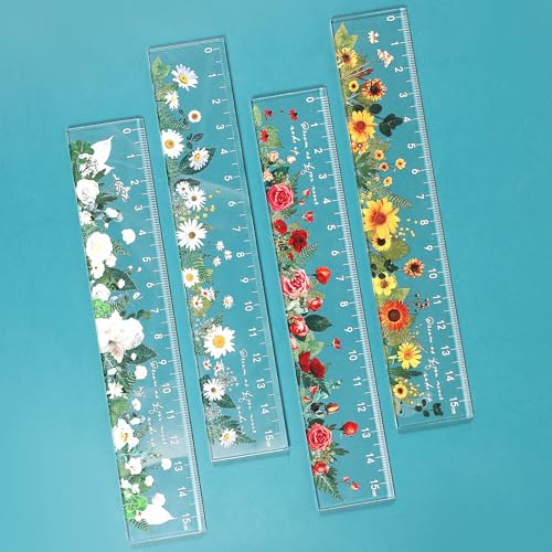 Bruislard Small Ruler 4 Pcs Cute Centimeter Ruler No Imperial Scale, Clear Plastic Flower Rulers, Girly Metric Measuring Rulers, 6 Inch Straightruler for Drafting Office Student Back-to-School Gifts