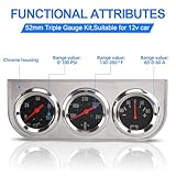 CNSPEED 2" 52mm Triple Gauge Kit Chrome Panel 3in1 Car Meter Oil Pressure Fahrenheit Water Temp Ammeter Gauges for 12V Car Boat Truck Black Face