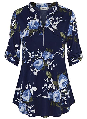 BEPEI Chiffon Blouses for Women,Dressy Floral 3/4 Cuffed Sleeve Zip up V Neck Blouses Ladies Casual Loose Fit Latest Tunic Summer Fake Pocket Office Top for Work Plus Size Fashion 2025,Navy Blue 2XL