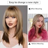 7JHH WIGS 20In Long Straight Layered Cut Wig with Bangs Brown Hair Tail Dye Wig With Brown Roots Heat Resistant Synthetic Shoulder Length Natural Looking Wigs for Women Cospaly Daily Used