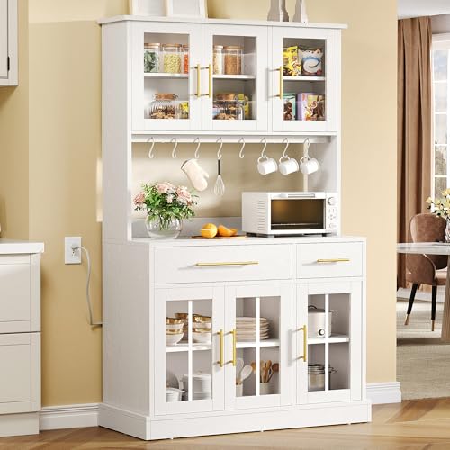 YITAHOME 71'' Kitchen Pantry Storage Cabinet with Microwave Stand, Tall Freestanding Hutch Cabinets with Power Outlet, Pantry Cabinets with Buffet Cupboard, Drawers & Acrylic Doors for Home, White