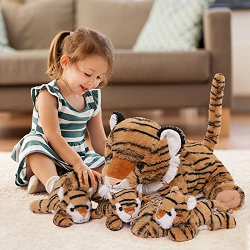 MorisMos Tiger Stuffed Animals Plush Toys, Soft Stuffed Tiger Mommy & Babies Set, Tiger Plush Toy Large Size, 20in