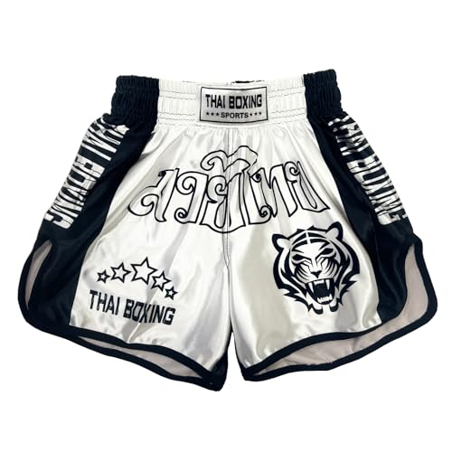 TAIKMD Muay Thai Shorts for Children Traditional MMA Gym Kickboxing Boxing Training Active Shorts (US, Alpha, X-Small, Regular, White)
